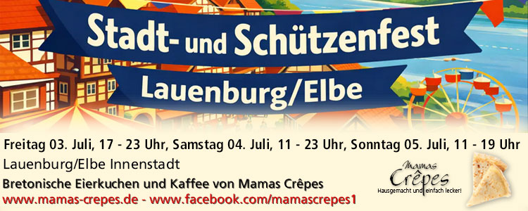 Mamas Crêpes wird vom 3.-5.7.2026, bei Stadt-, und Schützenfest Lauenbiurg dabei sein. Mamas Crêpes wird vom 3.-5.7.2026, bei Stadt-, und Schützenfest Lauenbiurg dabei sein.